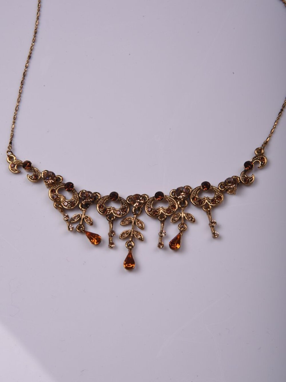 Whimsigoth Steampunk Victorian Antiqued Gold Amber Rhinestone Heart Bib Necklace